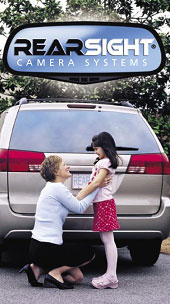backup camera RearSight Camara Systems logo with mom and daughter behind a van unable to be seen by side view mirrors